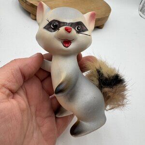 Enesco Japan Vintage Ceramic Raccoon Figurine Fur Tail Robby the Furry Raccoon p